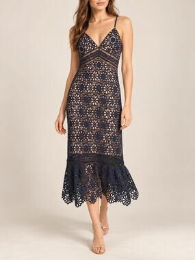 Aqua Womens Lace Dress Small Navy Blue Guipure Midi Eyelet Lined Party Cocktail